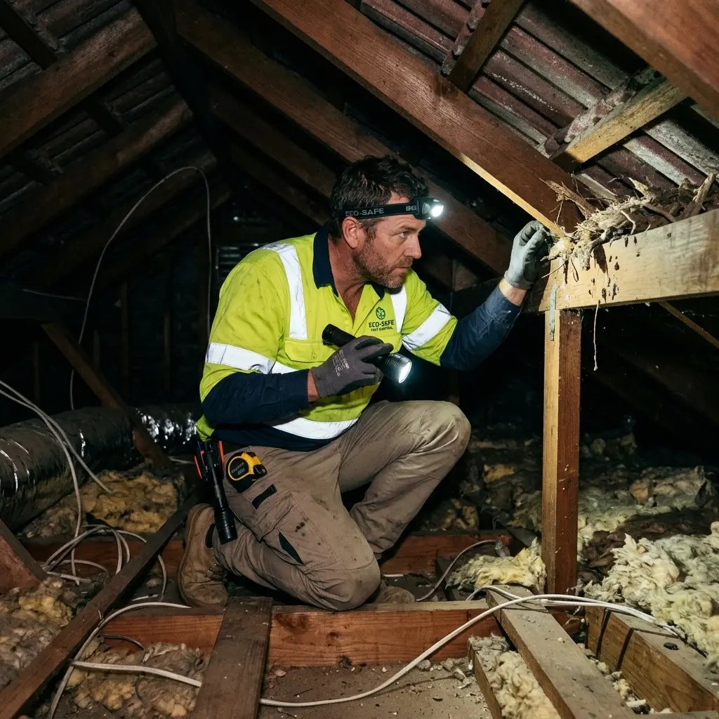 Technician inspecting a roof cavity for a dead animal in Lalor Plaza