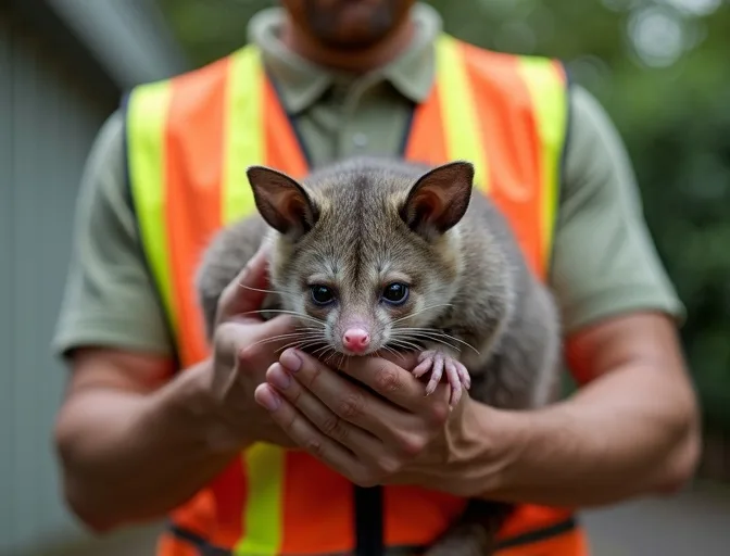 Animal handler safely recovering a deceased possum in Lalor Plaza