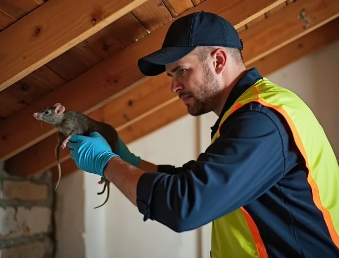Technician inspecting a roof cavity for a dead rat in Lalor Plaza
